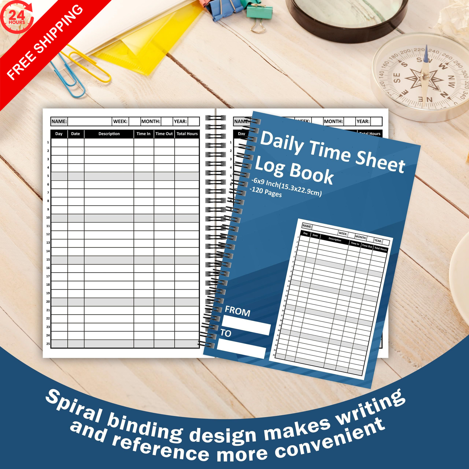 2 Pcs Daily Time Sheet Log Book 120 Pages 6×9 Inch Spiral Binder 6 x 9