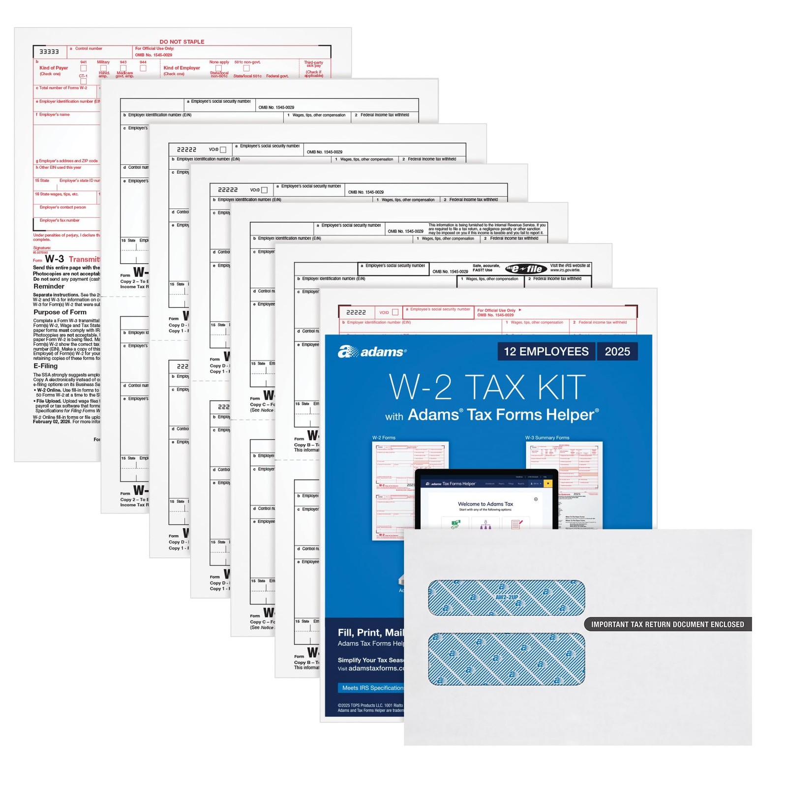 Adams W-2 Forms 2025, 6-Part Kit for 12 Recipients, Includes 12 Envelopes, 3…