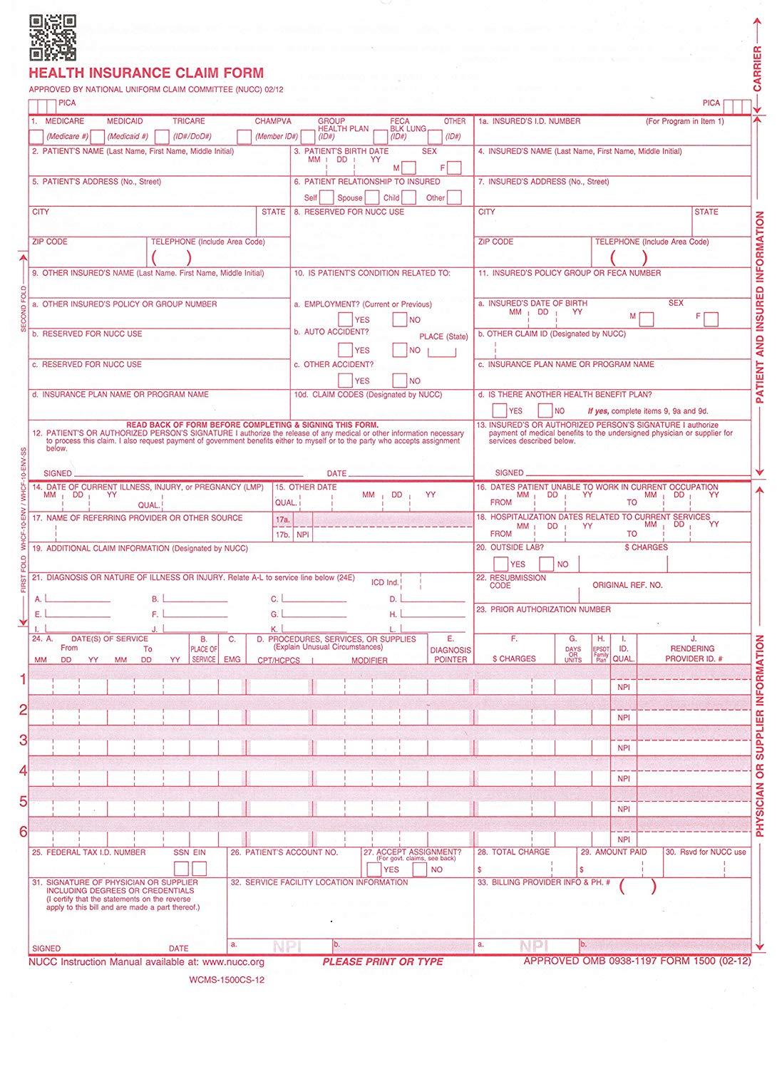 CMS 1500 – CMS-1500CS-12 WCMS-1500CS-12 Health Insurance Claim Form 100 Pack