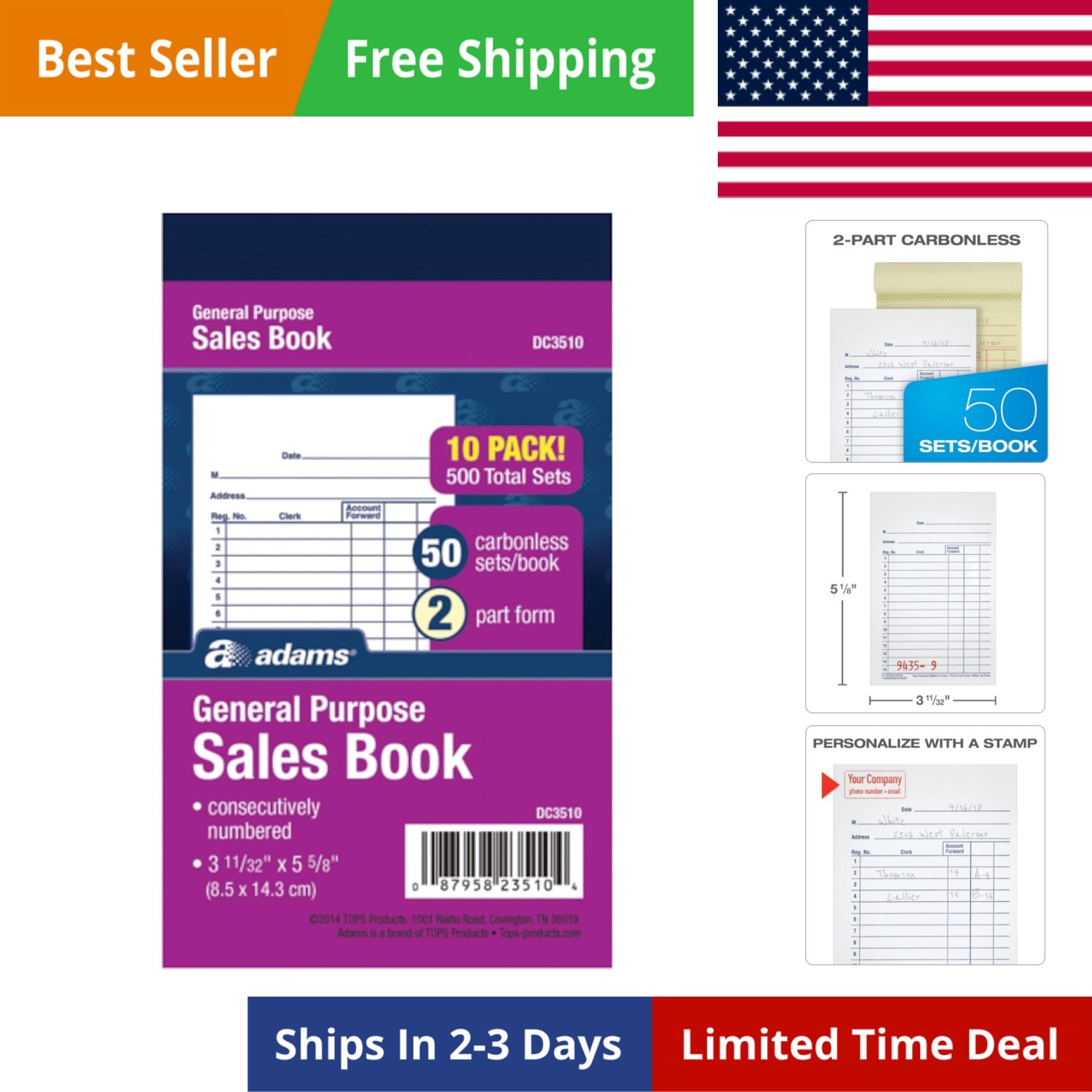 General Purpose Sales Book, 2-Part, Carbonless, White/Canary, 3-11/32 x 5-5/8…
