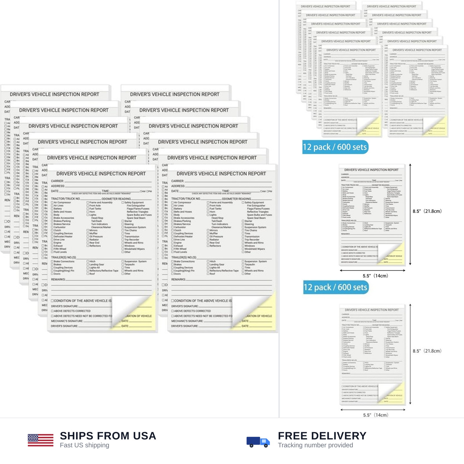 600 Sets Detailed Driver Daily Vehicle Inspection Report Book/Forms, 2 Part C…