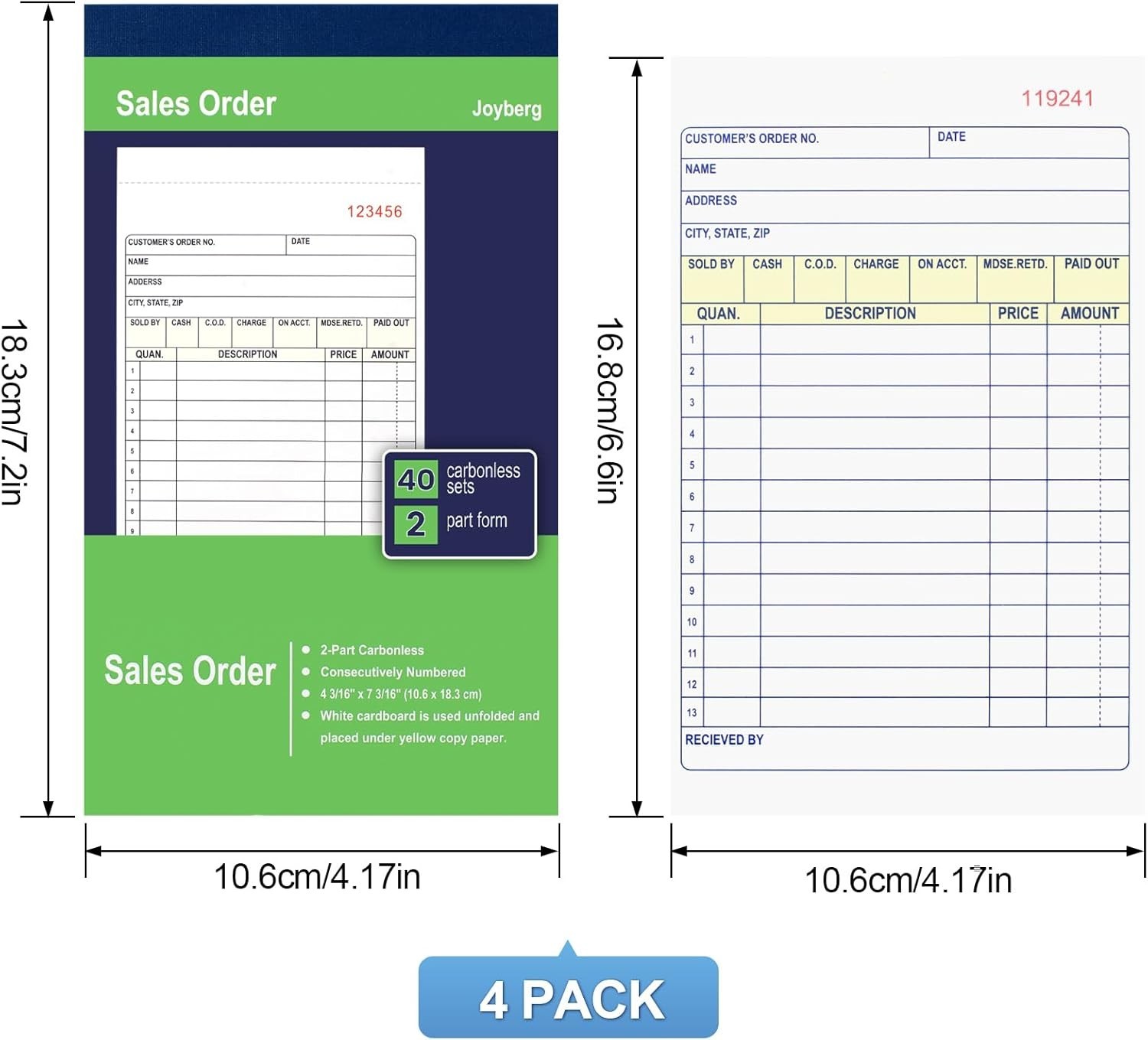 4 Pack Receipt Book, 4.17inx7.2in Receipt Book with Carbon Copies, 2-Part