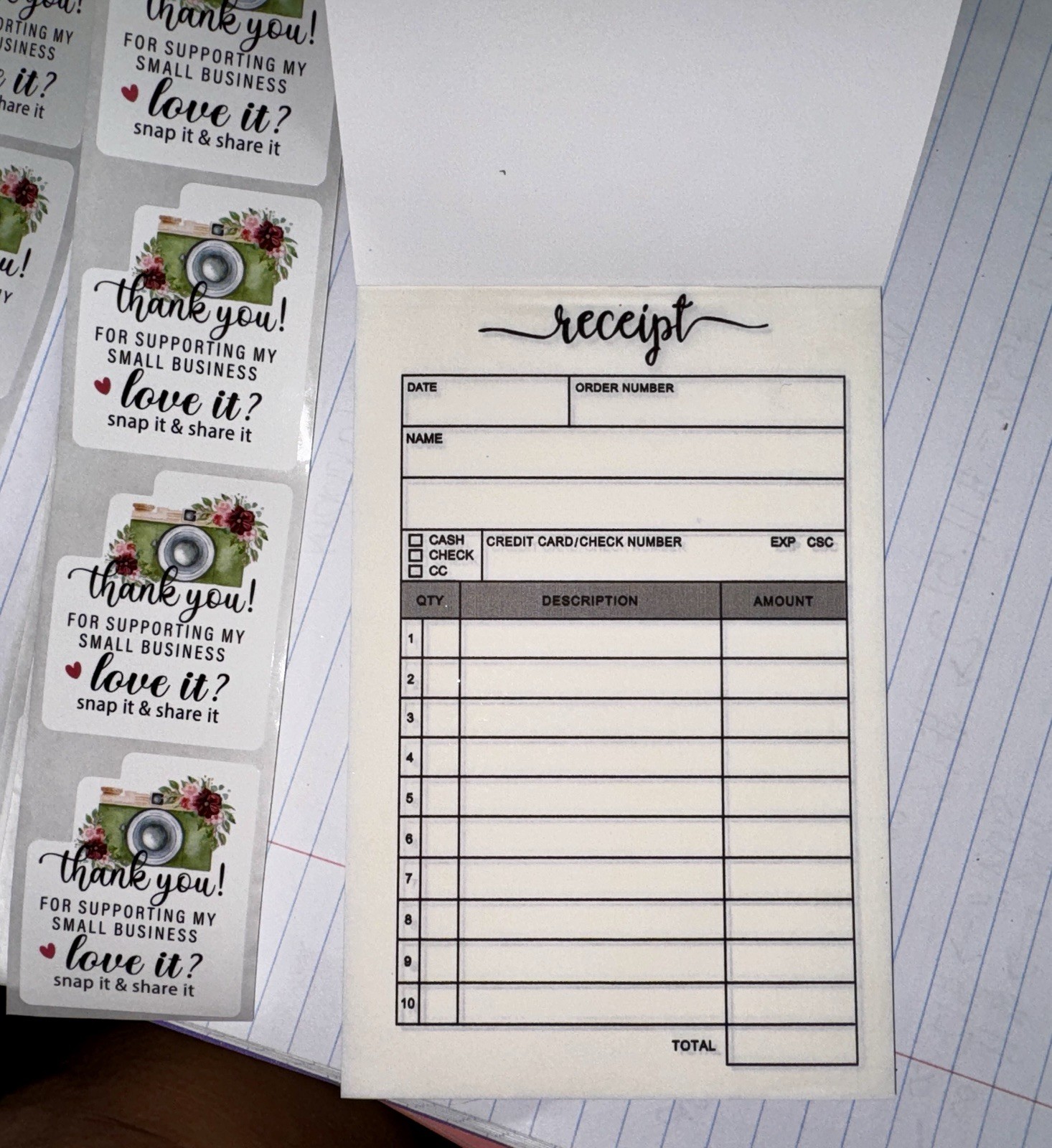Carbon Copy Receipt Book 50 Sets + Small Business Thank You Stickers Bundle New