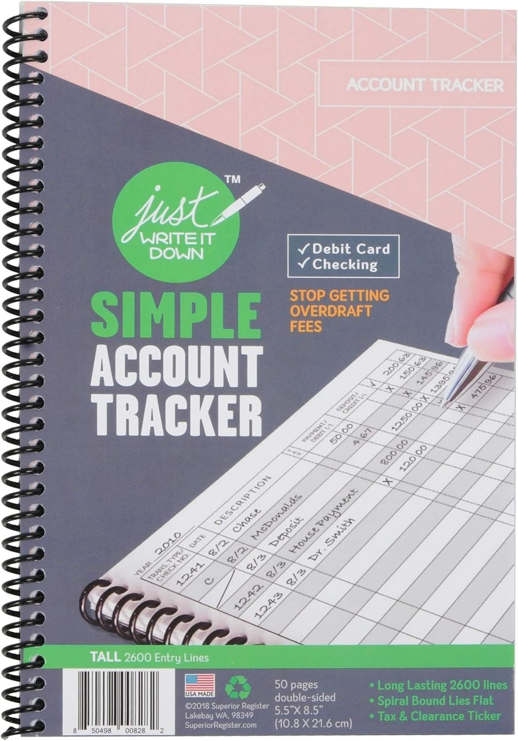 Simplified Expense Tracking: Pink Checkbook Ledger with 2600 Lines for All Users