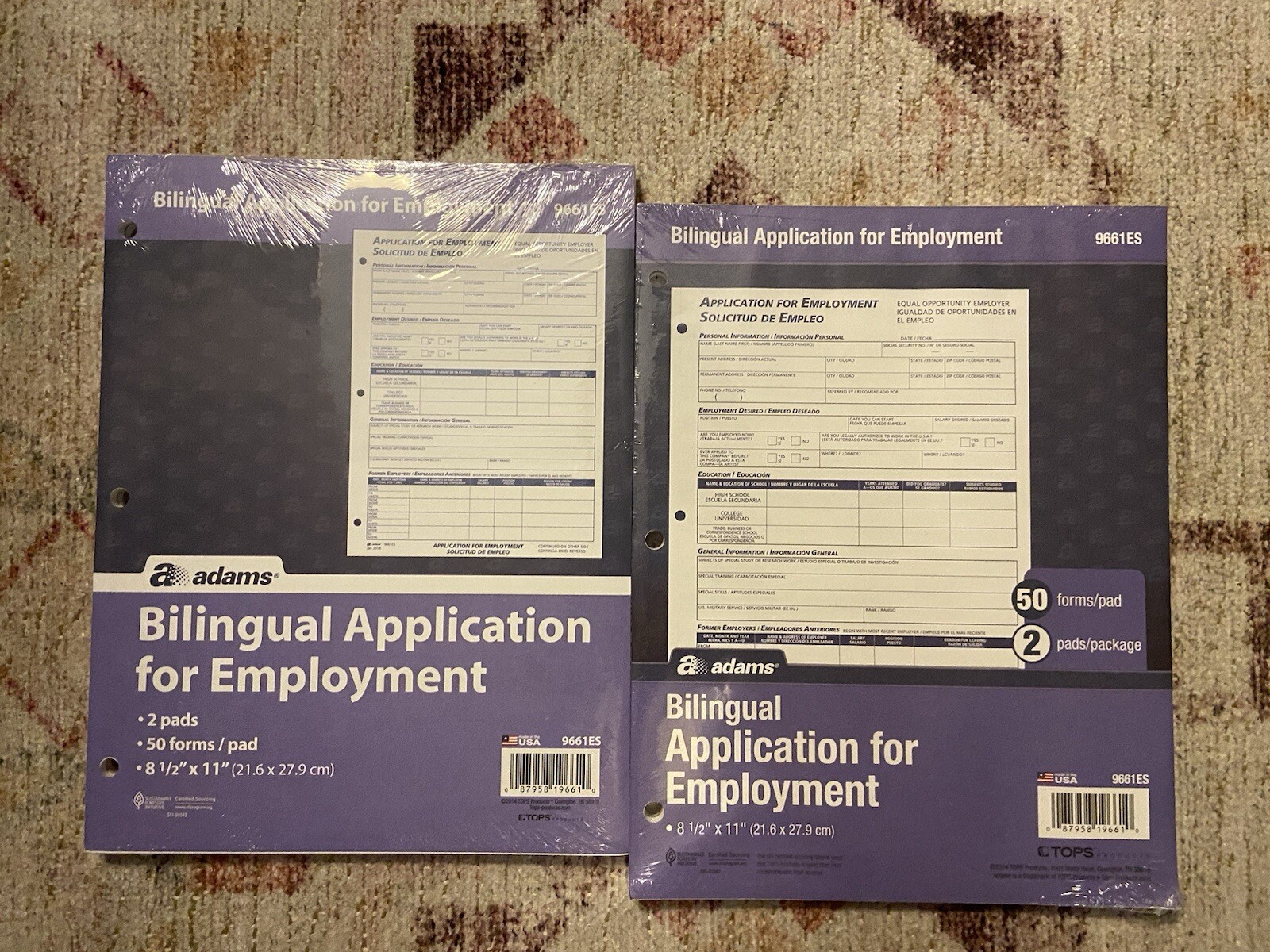 Adams 9661ES Bilingual Application for Employment, English/Spanish, Pack of 2 PK