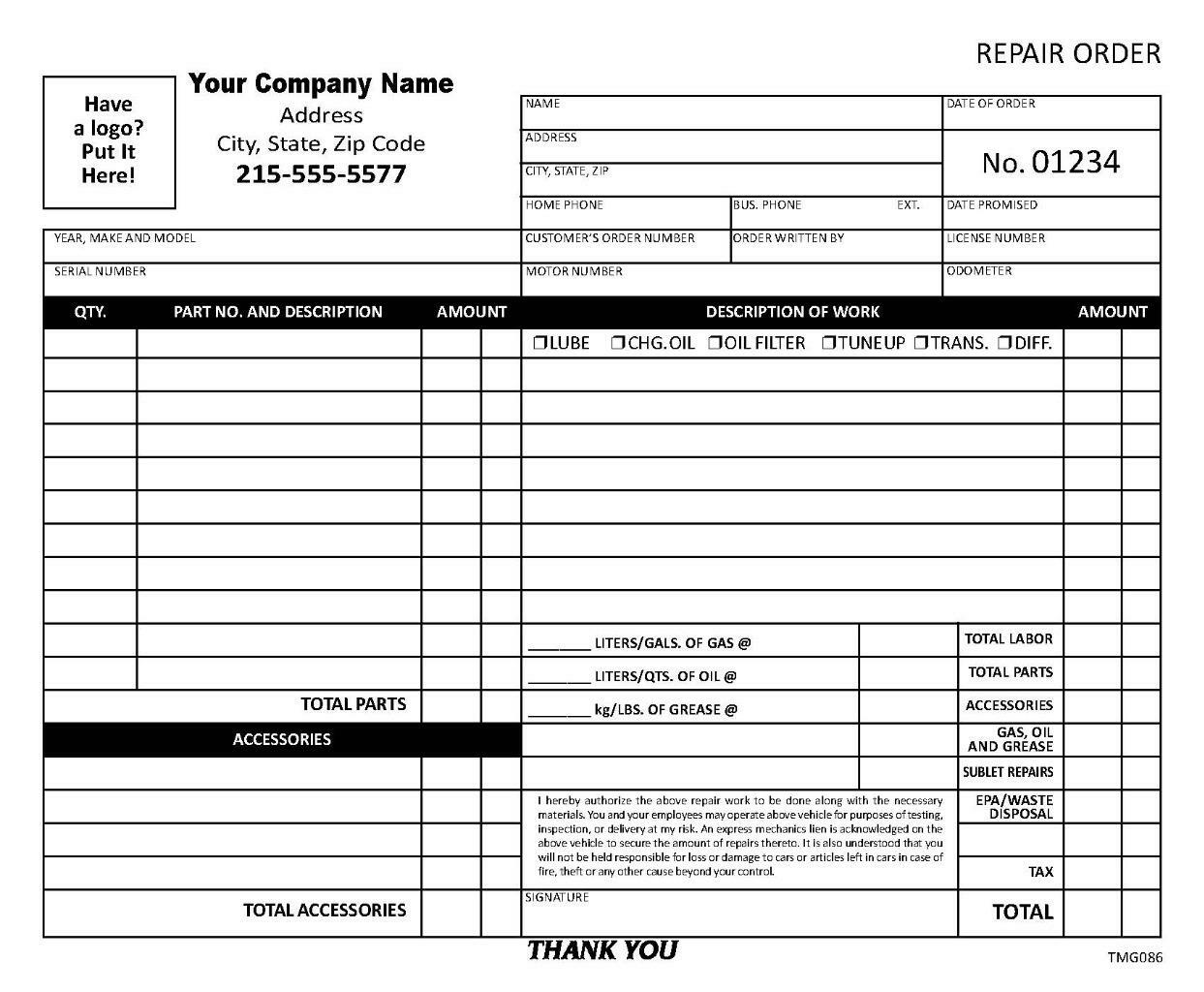 100 Automotive Garage Repair Orders – 2 Part Carbonless / 7 x 8.5 / TMG086