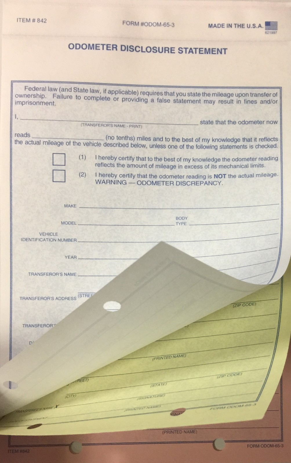 Odometer Disclosure Statement • 3 Part • #842 • 250 Qty.• (D42)