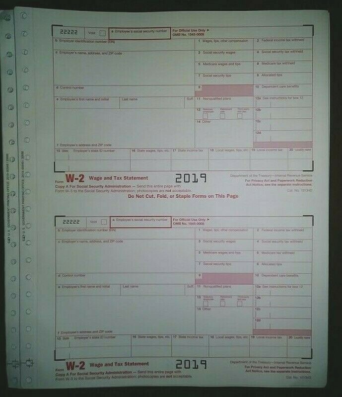 2019: 5 SHEETS W-2 IRS Wage/Tax Statement & 3= W-3 Transmittal Forms
