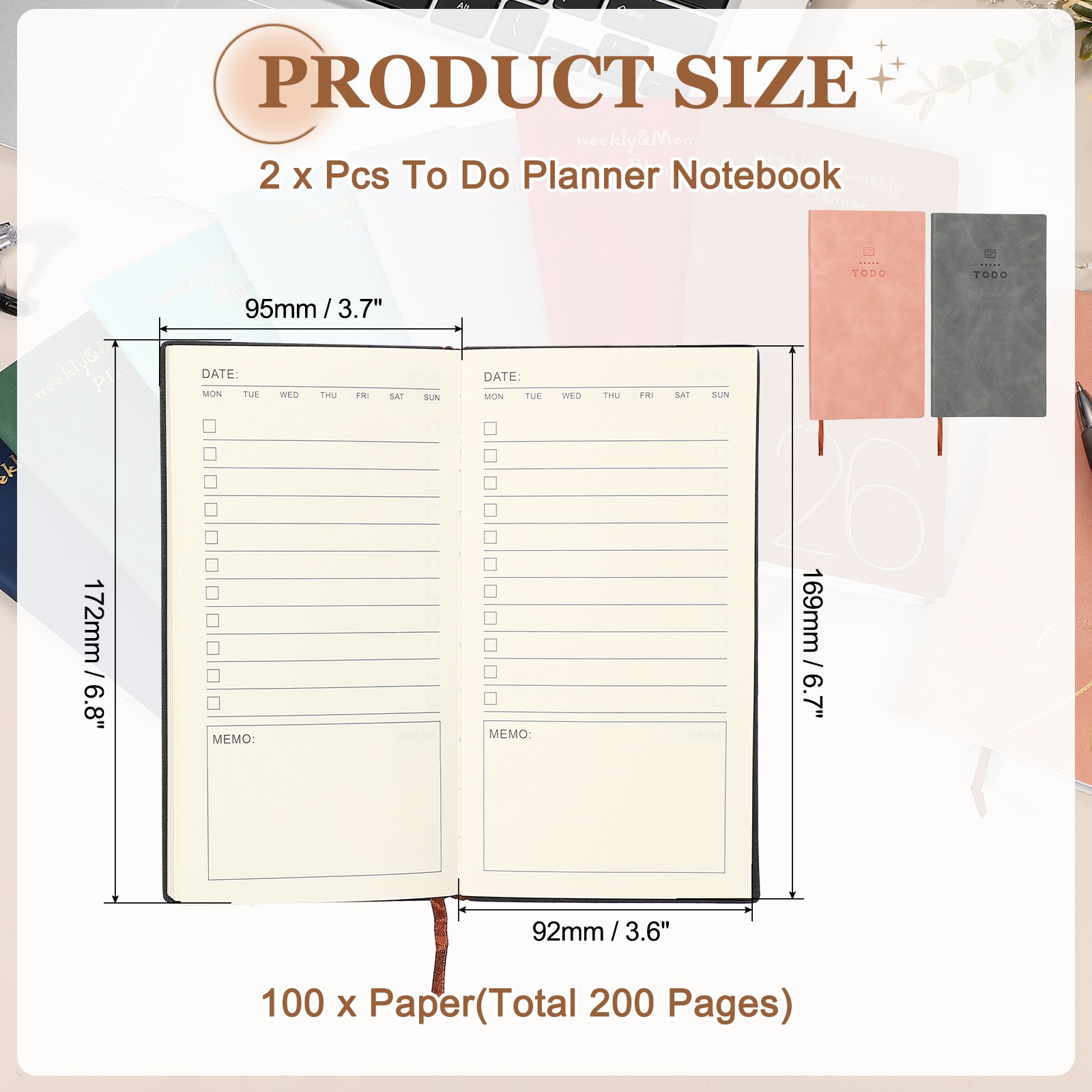 2Pcs to Do Notebook, A6 6.8 x 3.7″ Daily Planner Notebook, Pink/Grey