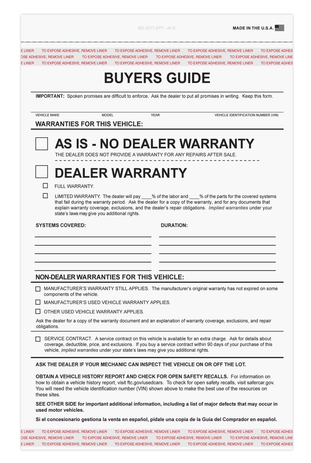 Donkey Auto Products 2 Part Buyers Guide Form – Adhesive Tape – English – As is