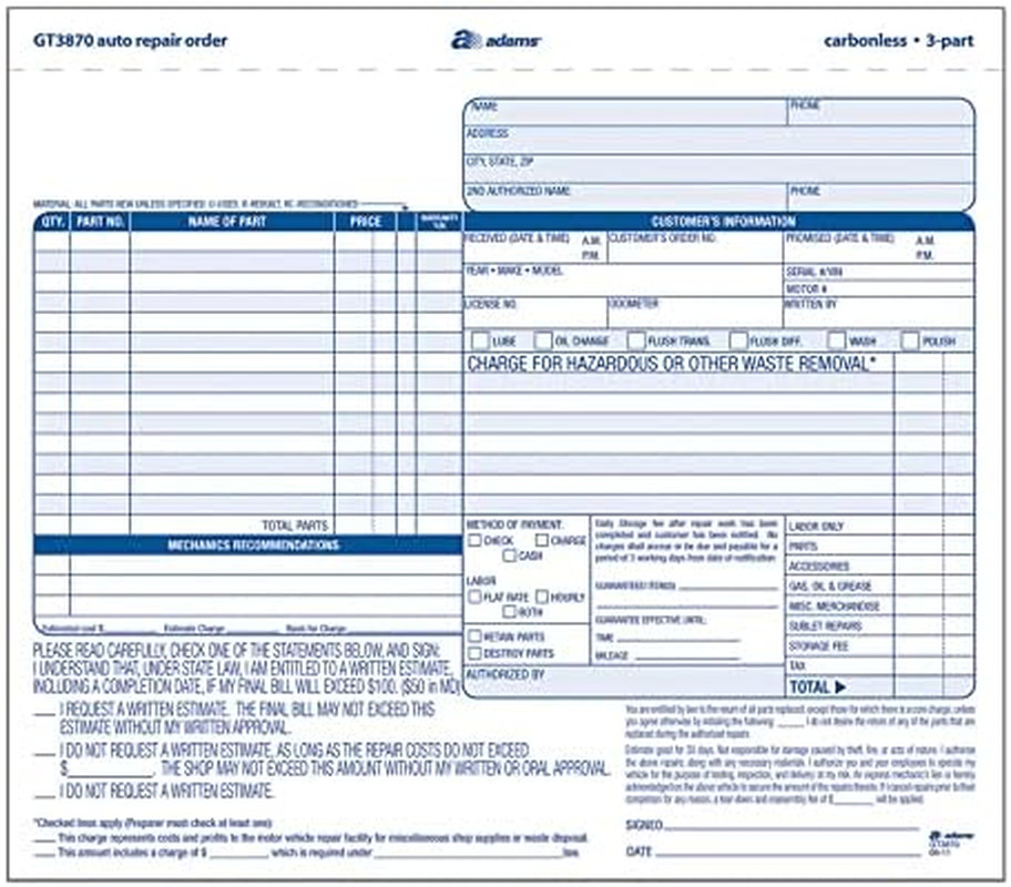 Adams Auto Repair Order Forms, 8.5″ X 7.44″, 3-Part, Carbonless, 50-Pack