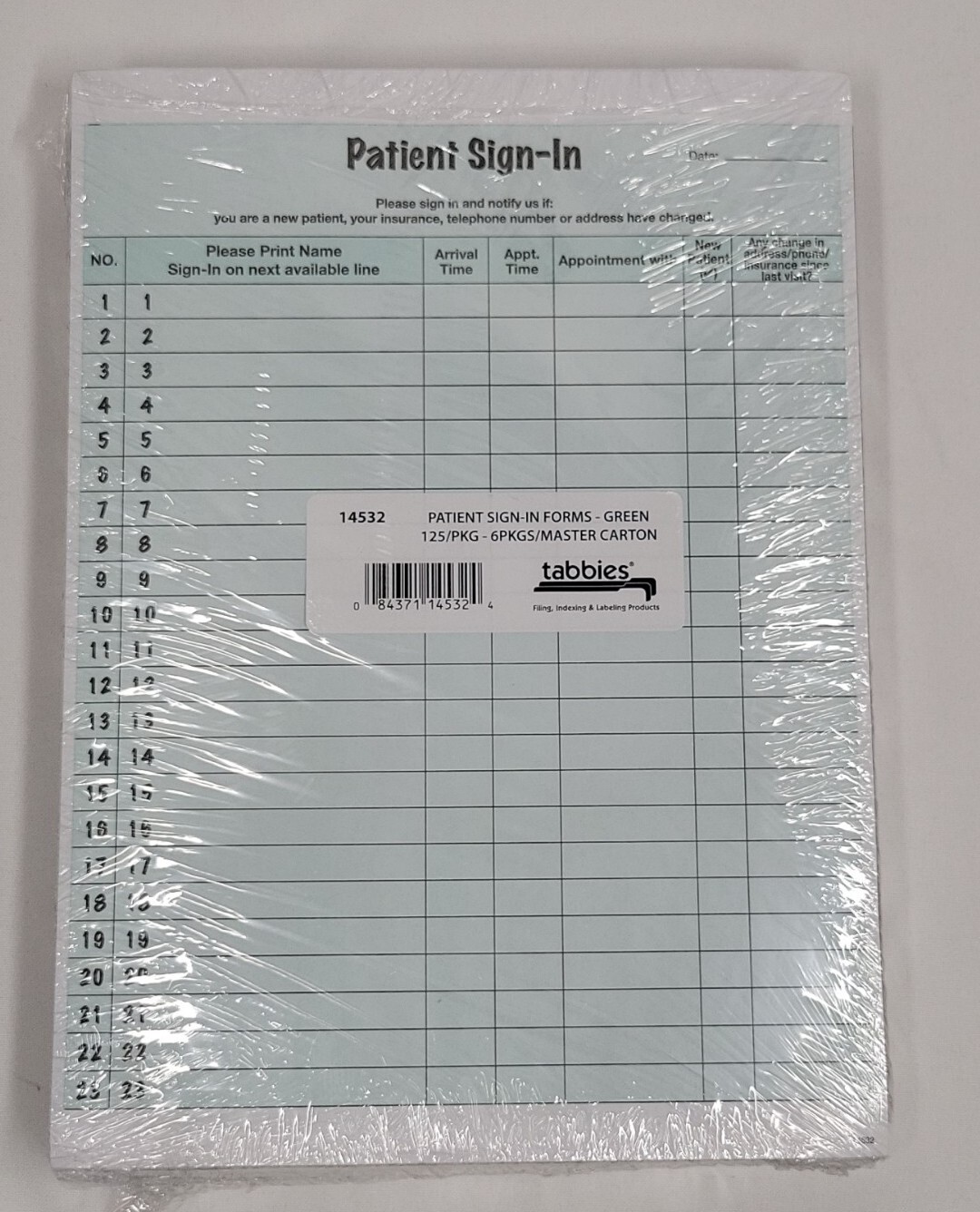 Tabbies Patient Sign-In Label Forms Color Green 8 1/2″ x 11 5/8″ 125 Pack 14532