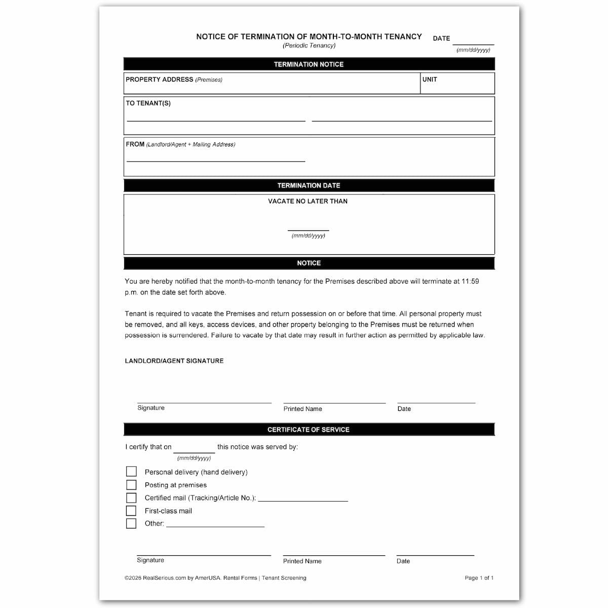 Notice to Vacate 30/60 Day – Month-to-Month Lease Termination Notice Form