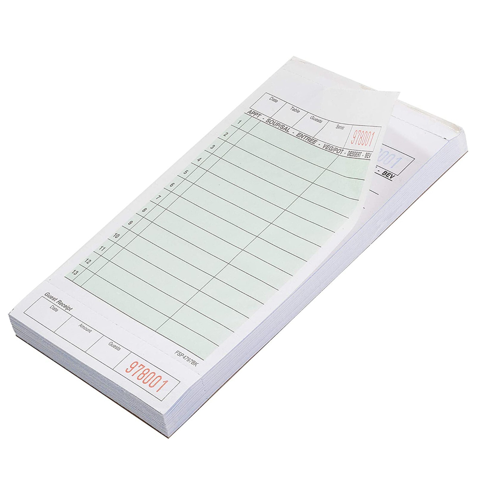 15 Pack – 2 Part Green Carbonless Guest Check Pads – 50 Pages per Server Pad