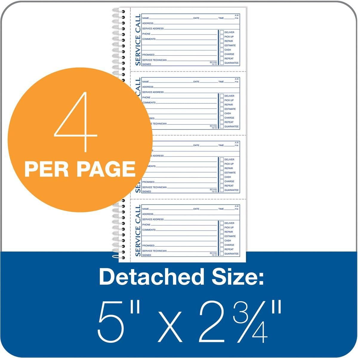 Service Call Book, 5.25 X 11 Inch, Spiral Binding, 2-Part, Carbonless, 4 Message