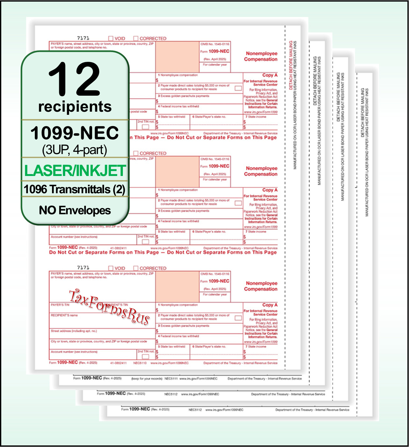 2025 IRS Tax Form 1099-NEC Laser 12 recipients+(2)1096 #N6103 – 3UP 4pt NO Env