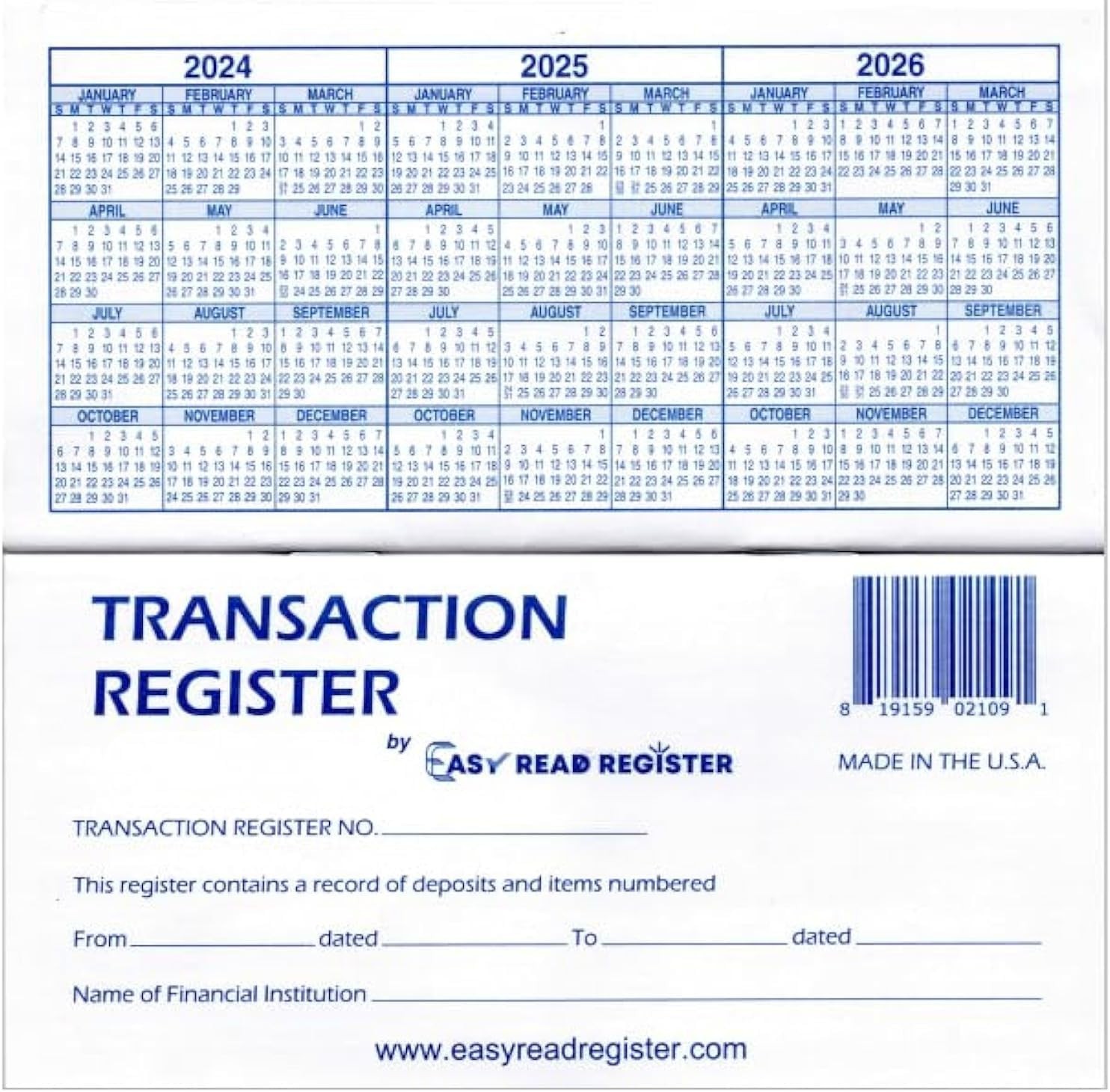 Checkbook Transaction Registers 2016-2017-2018 Calendars, Pack of 5