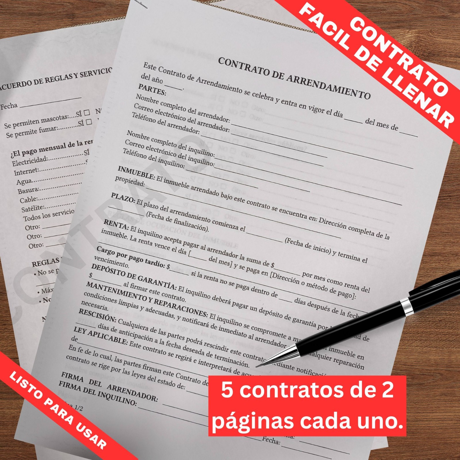 Contrato de Arrendamiento en ESPAÑOL (5X) Contrato de renta universal 2 páginas.