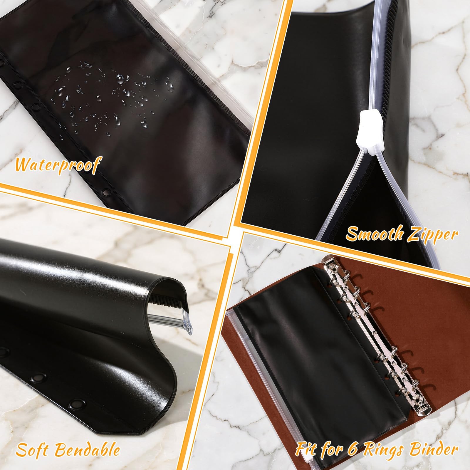 Leinuosen 50 Pcs A6 Binder Pockets 6 Hole Black Zip Envelope 6 Holes,