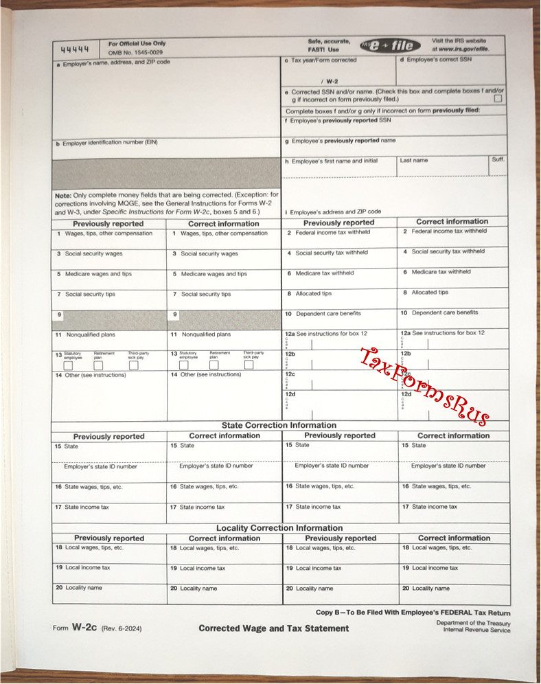 IRS Tax Form W-2c Corrected Wage/Tax Stmt single sheet set 1 employee, NON-cbnls