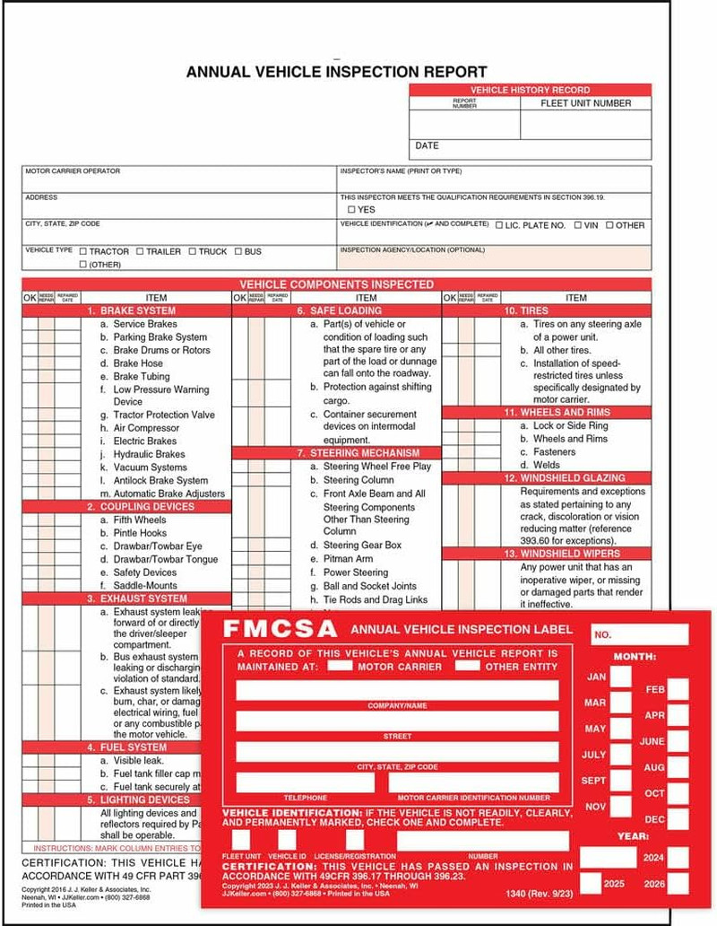 J. J. Keller 10-Pack, Annual Vehicle Inspection Report Form & Red FMCSA Label Al