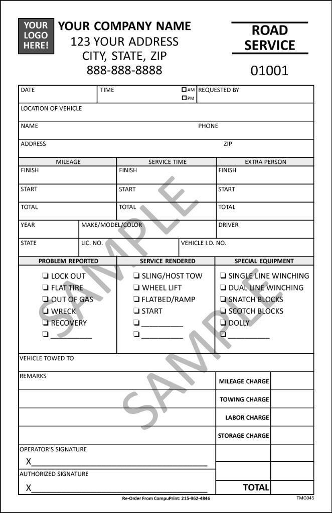 250 Custom Road Service Repair Towing Forms, 2 Part / 5.5 x 8.5 / TMG045