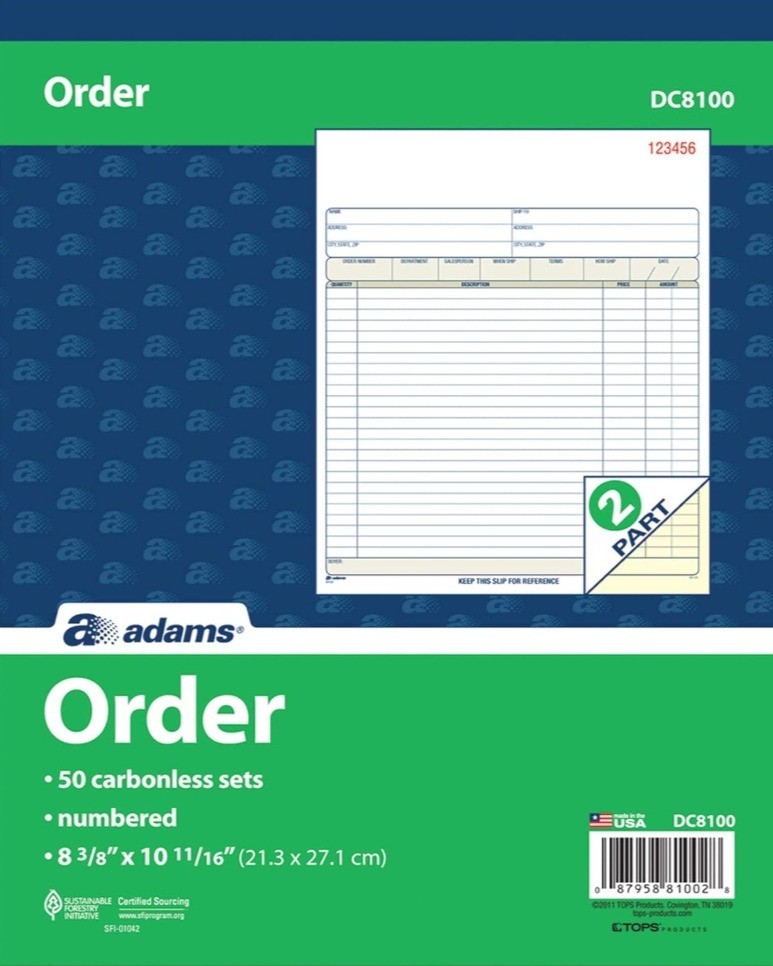 Adams Sales Order Book 2-Part Carbonless Invoice Receipt White Canary 50 Sets 1X