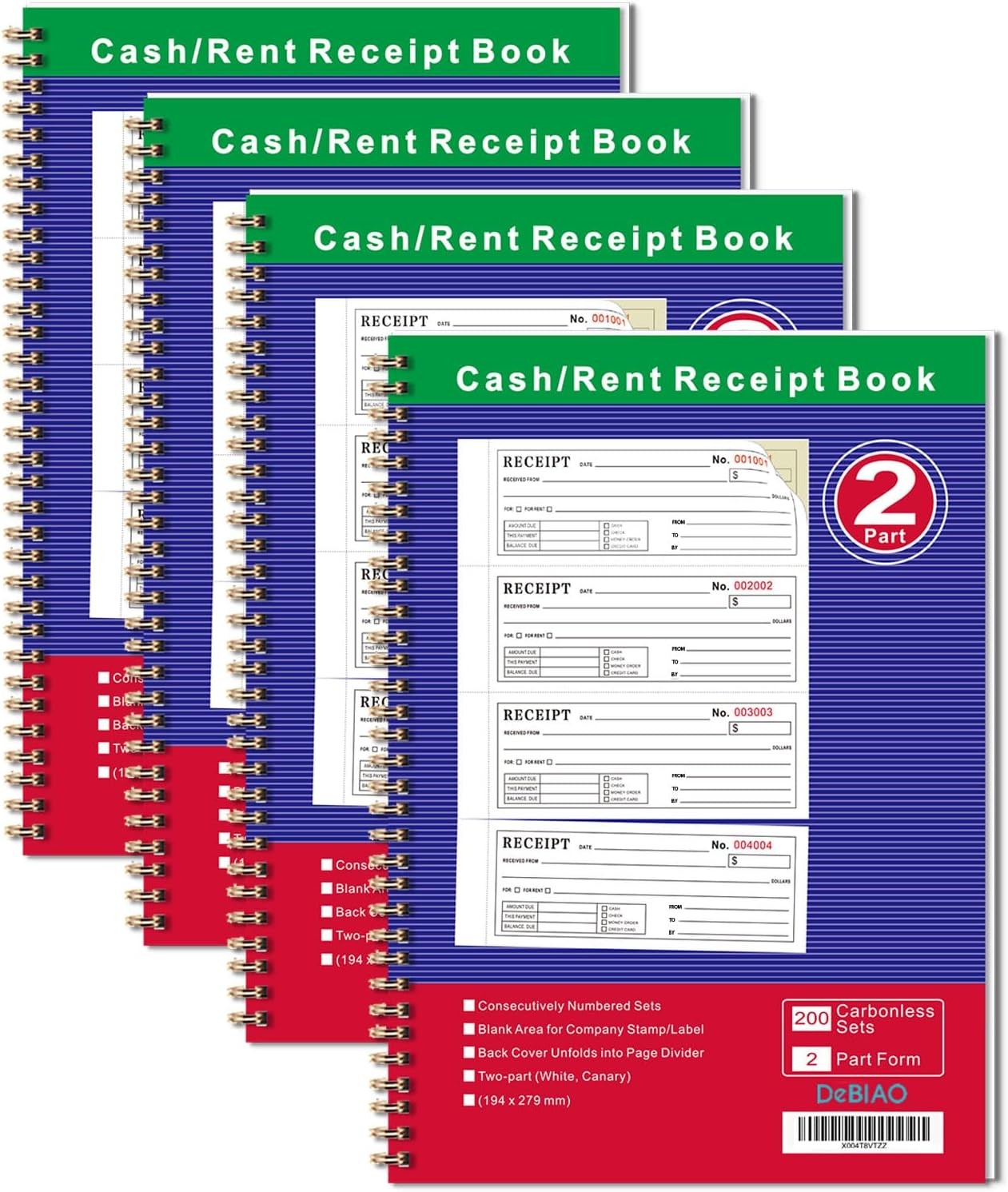 Money and Rent Receipt Book 2-Part Carbonless 7-5/8″ x 11″ Spiral Bound 200 Sets