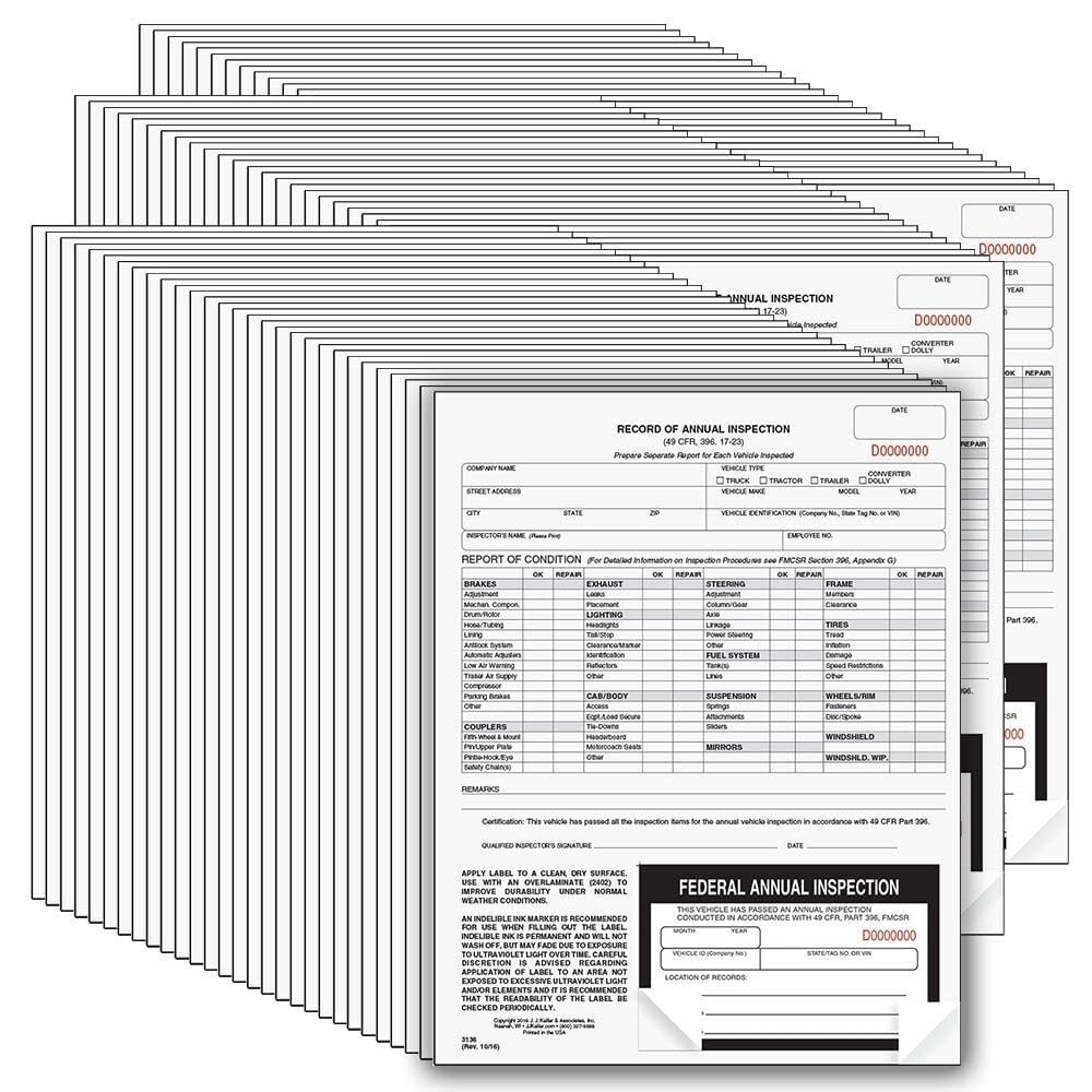 100-Pack Annual Inspection Forms with Labels, 2-Ply Carbonless, DOT Compliant