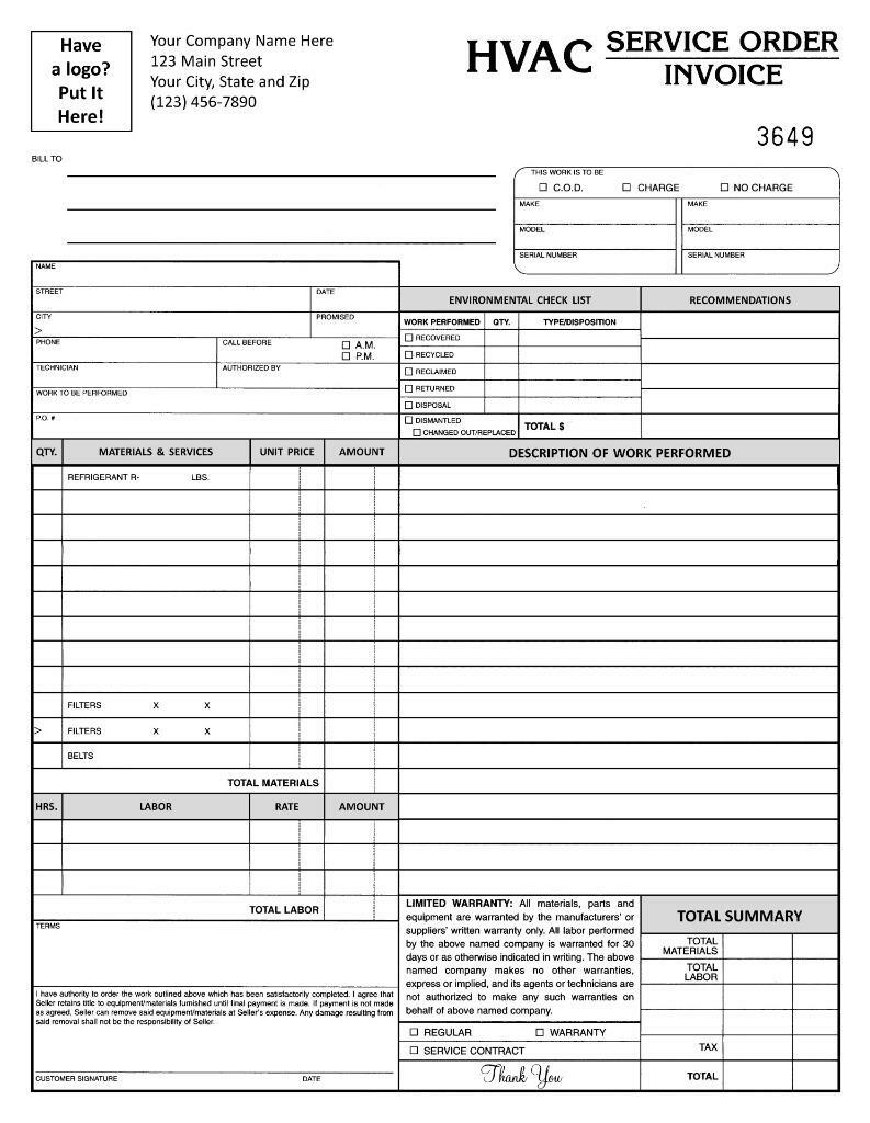 50 Custom HVAC Service Heating & Air Invoices / 2 Part / 8.5 x 11 TMG020