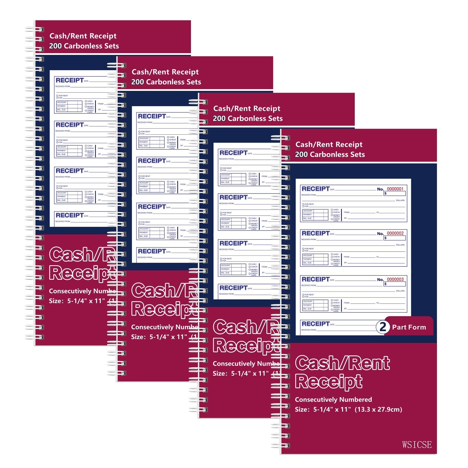 4 Pack Carbonless Receipt Books, 2-Part Rent Receipts, Spiral Bound, 200 Sets