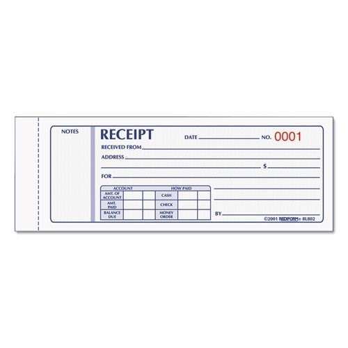 Rediform Receipt Book, Three-Part Carbonless, 4 Forms/Sheet, 50 Forms Total