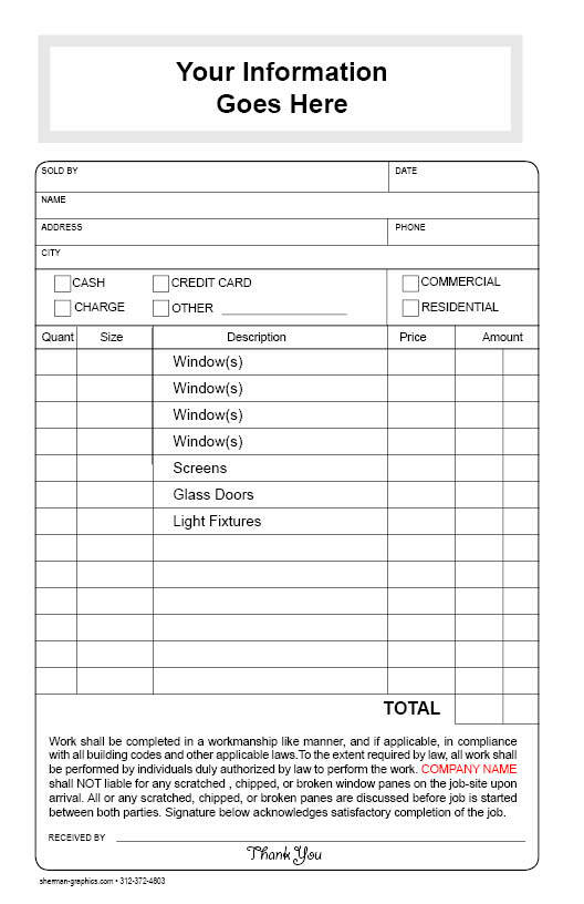 WINDOW WASHING INVOICE CUSTOM PRINTED 2 or 3 Part Carbonless Forms