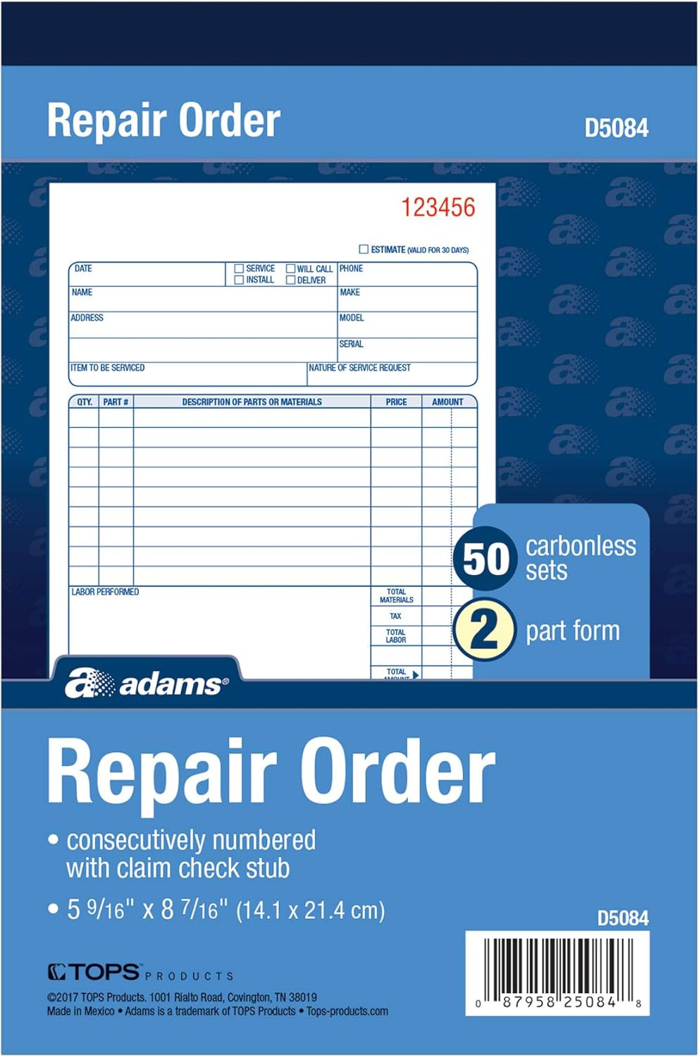 Repair Order Book, Carbonless, 2-Part, White/White, 5-9/16 X 8-7/16 Inches, 50 S