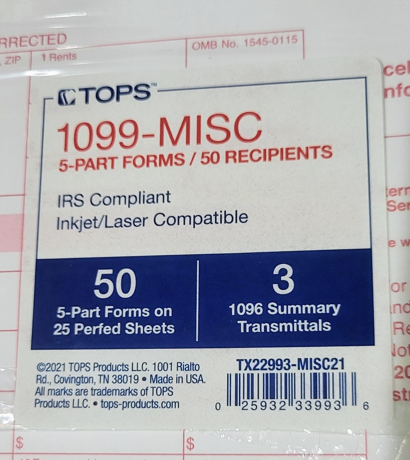 TOPS 1099-MISC 2021 5 Part Tax Forms 50 Recipients Inkjet Laser 1096 Summary📌