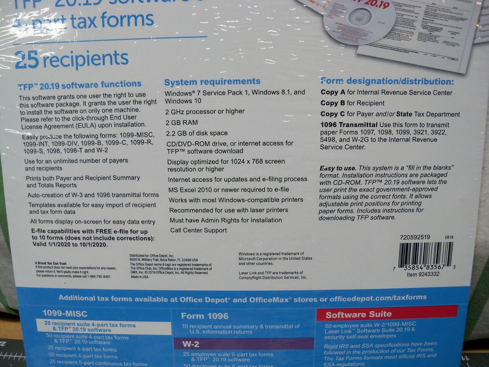 Office Depot 1099-MISC Tax Forms W Software 2019 4-Part 25 pk Staples USA Seller