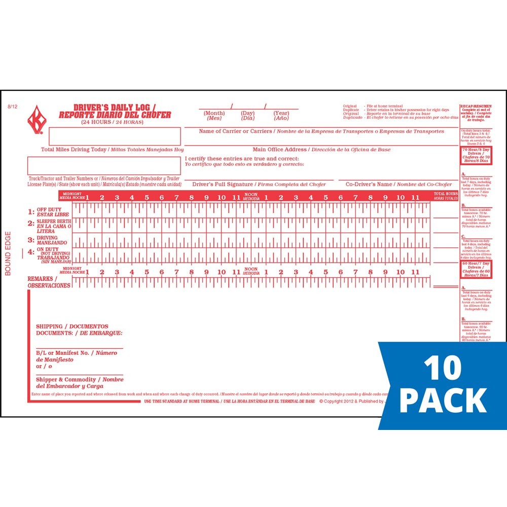 J. J. Keller Driver’s Daily Log Book 10-pk. with DVIR & Recap, Bilingual,