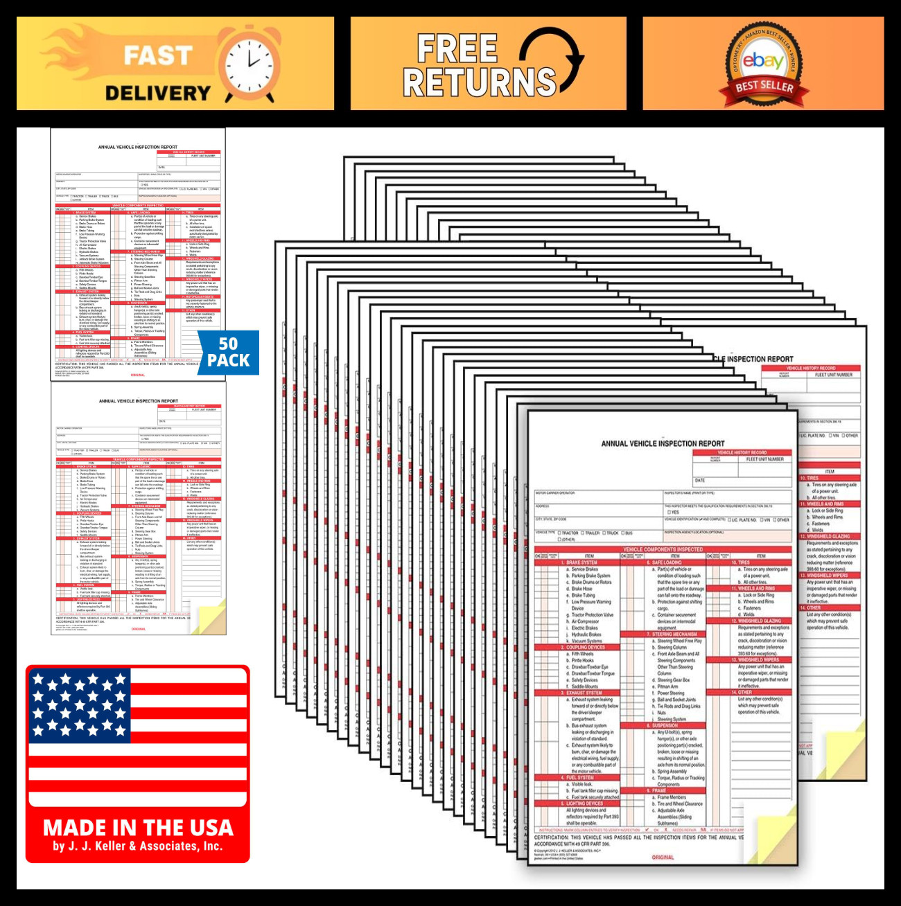 Annual Vehicle Inspection Report Forms 50-Pack – Snap-Out, Carbonless, 3-Ply, DO