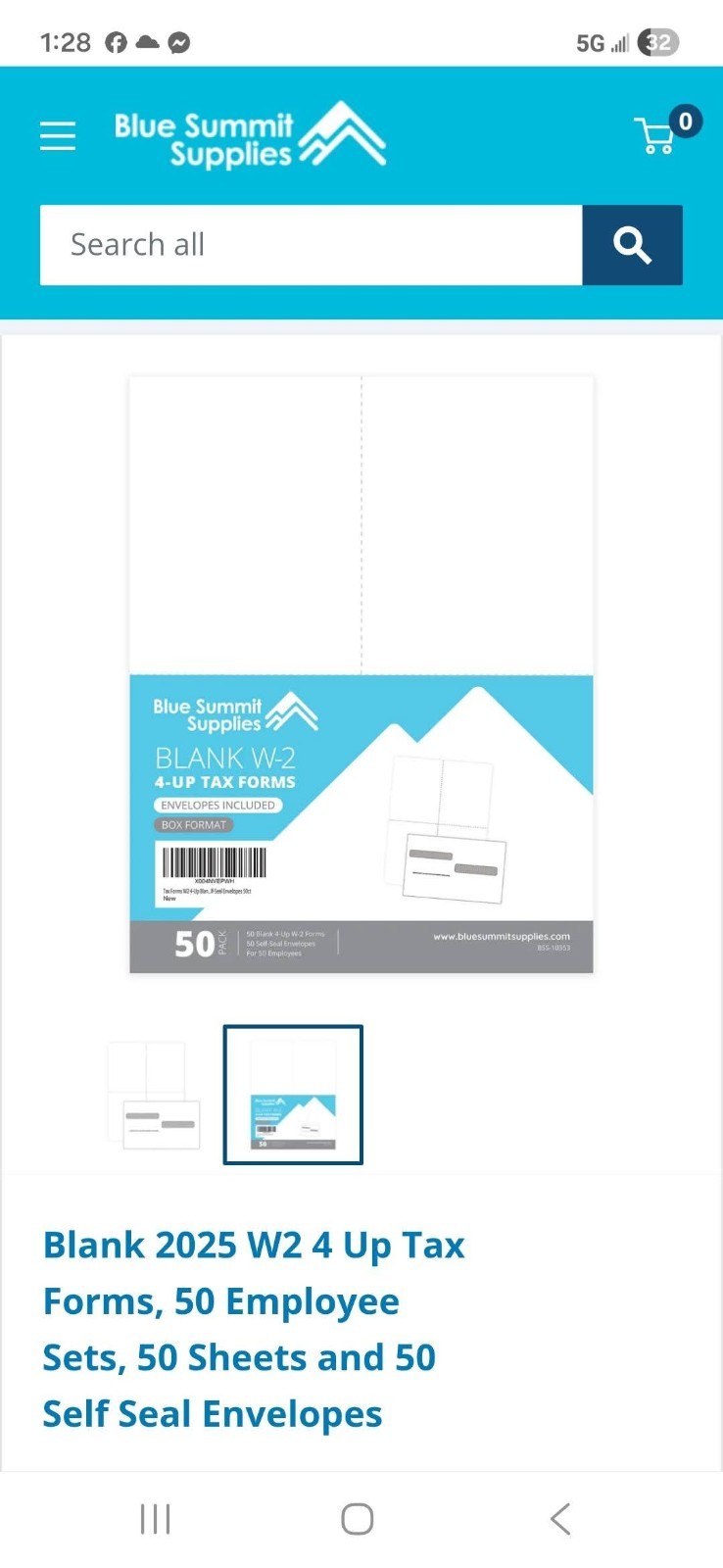 Blue Summit Supplies Blank W-2 4-Up Tax Forms 50 Pack w/ Envelopes New