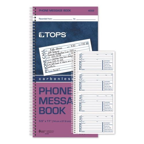 TOPS Spiralbound Message Book, Two-Part Carbonless, 5 x 2.75, 200 Forms Total