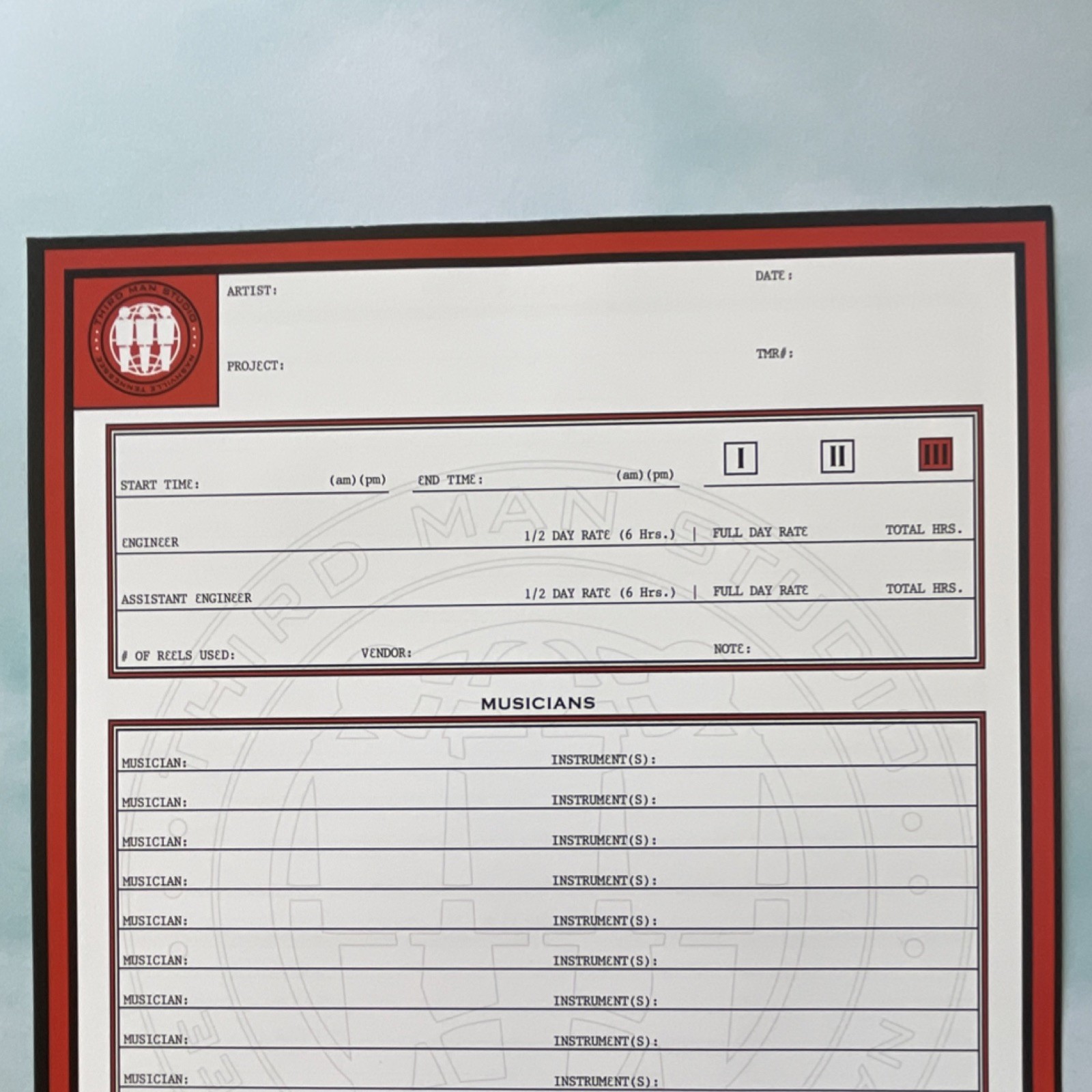 Tmr Jack white white stripes third man records unused blank Session studio logs