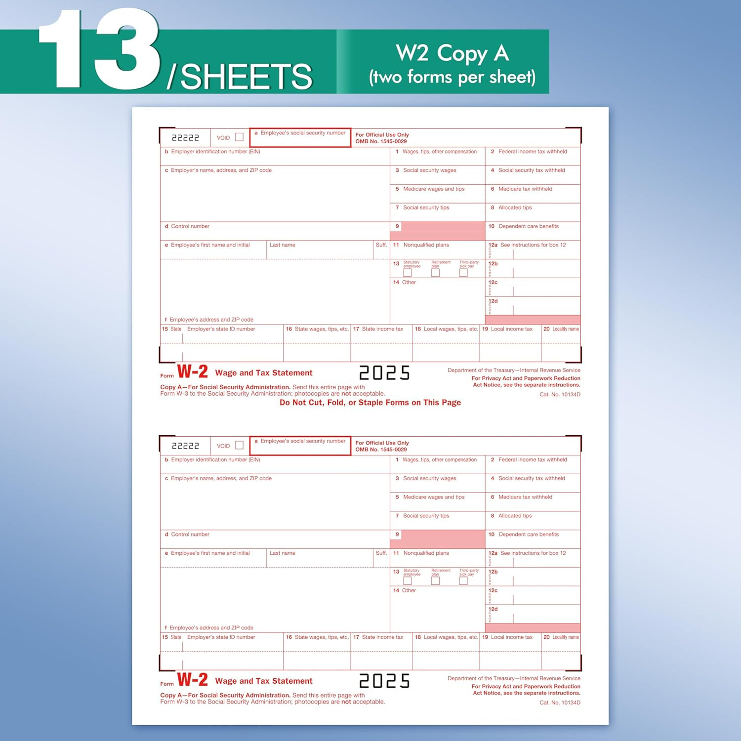 2025 W2 Tax Forms Kit with Envelopes – 25 Employee Set with W3 Forms