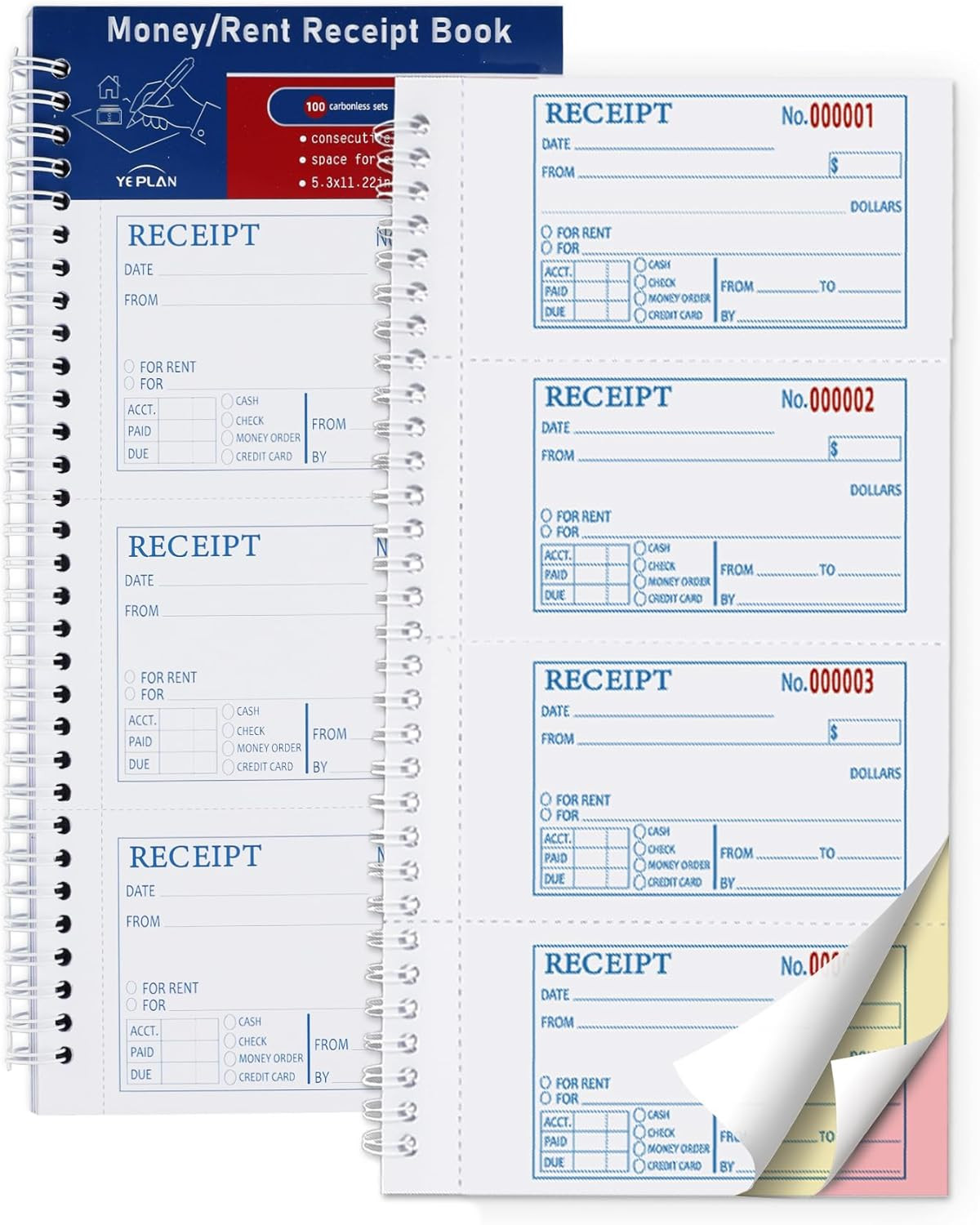 3 Part Carbonless Receipt Book 100 Sets Money Rent Receipt Book Numbered Spiral