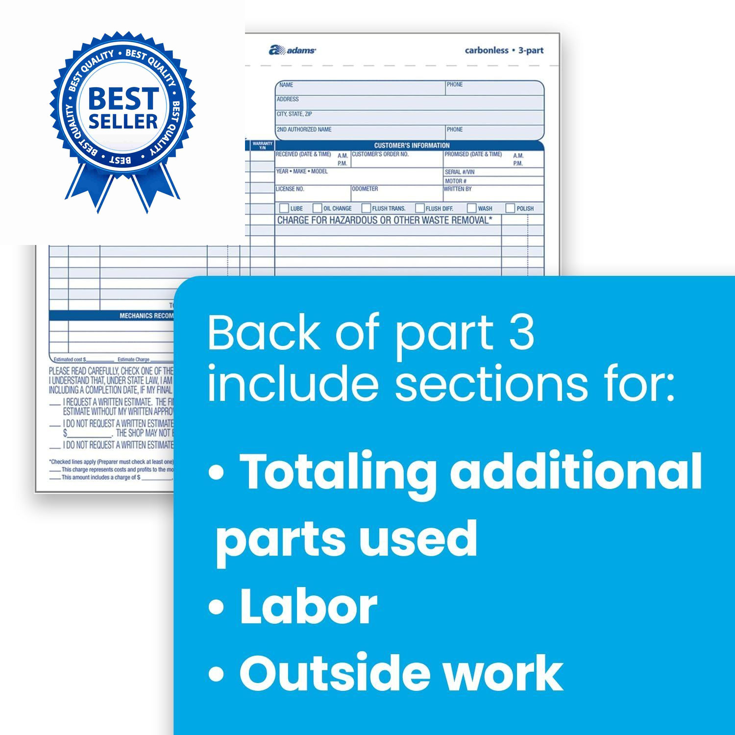 Adams Auto Repair Order Forms, 8.5 x 7.44 Inch, 3-Part, 50-Pack, White/Canary