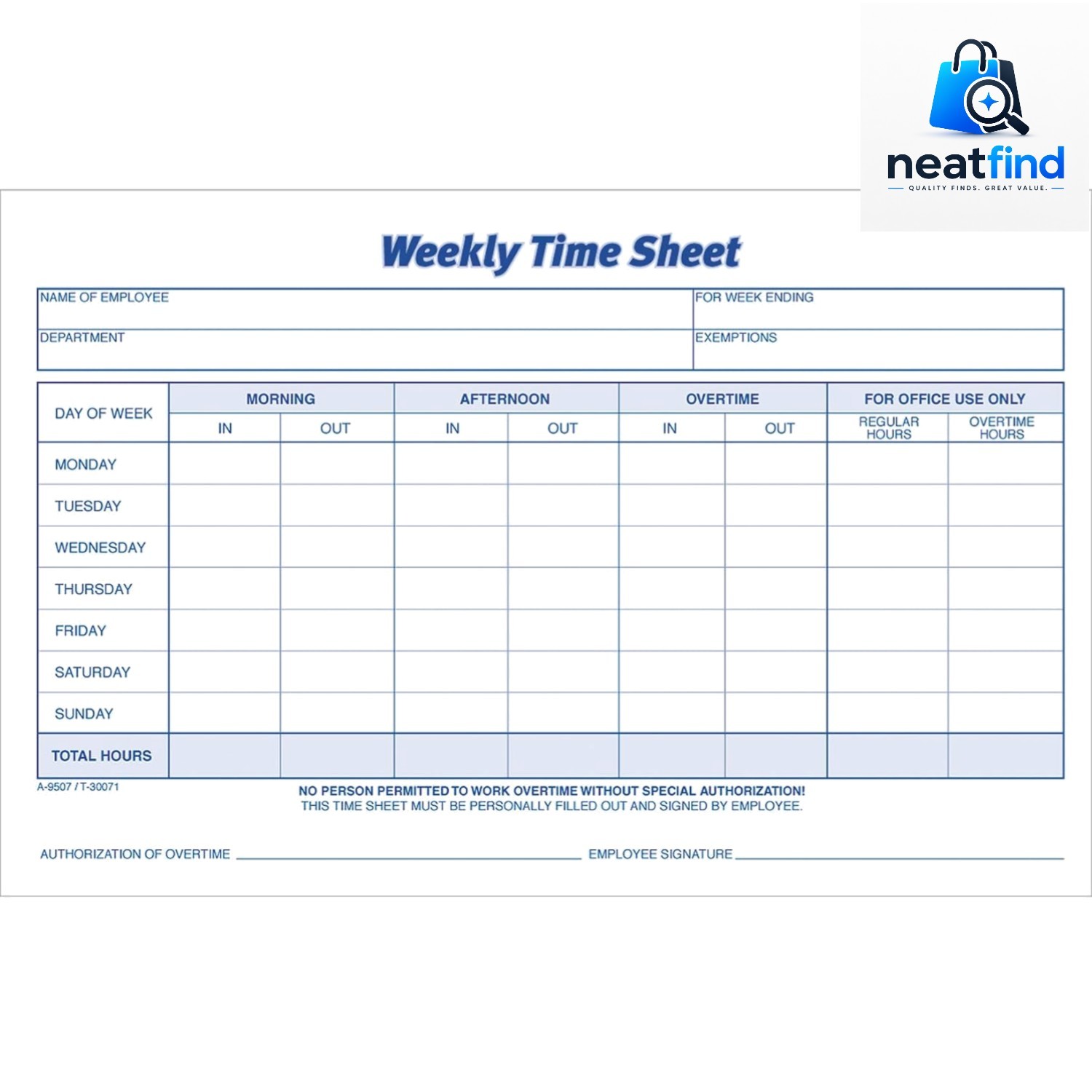 Time Sheet, 9 x 5.5 Inch, Weekly Format, 2-Part, Carbonless, 100-Pack, White,…