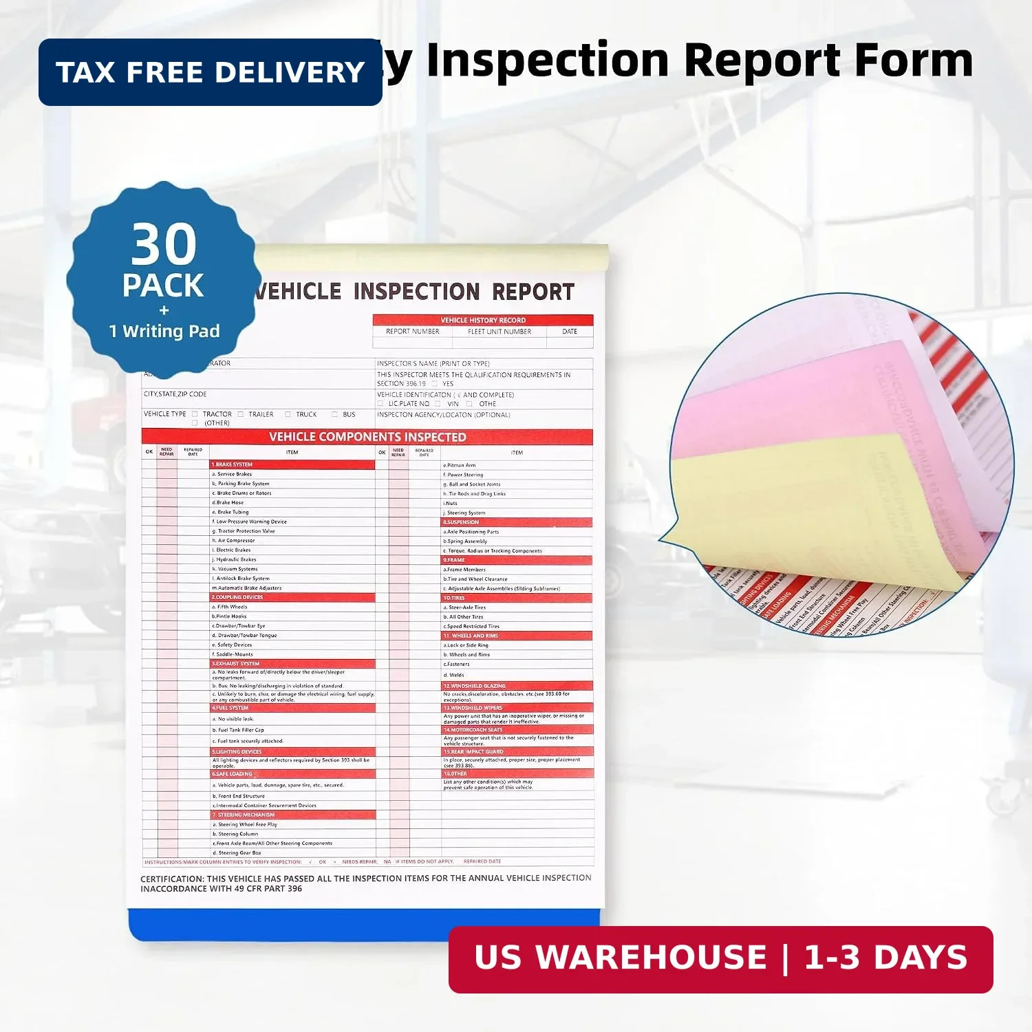 30-Pack Annual Vehicle Inspection Report Form, 3-Ply Carbonless Form and Hardboa
