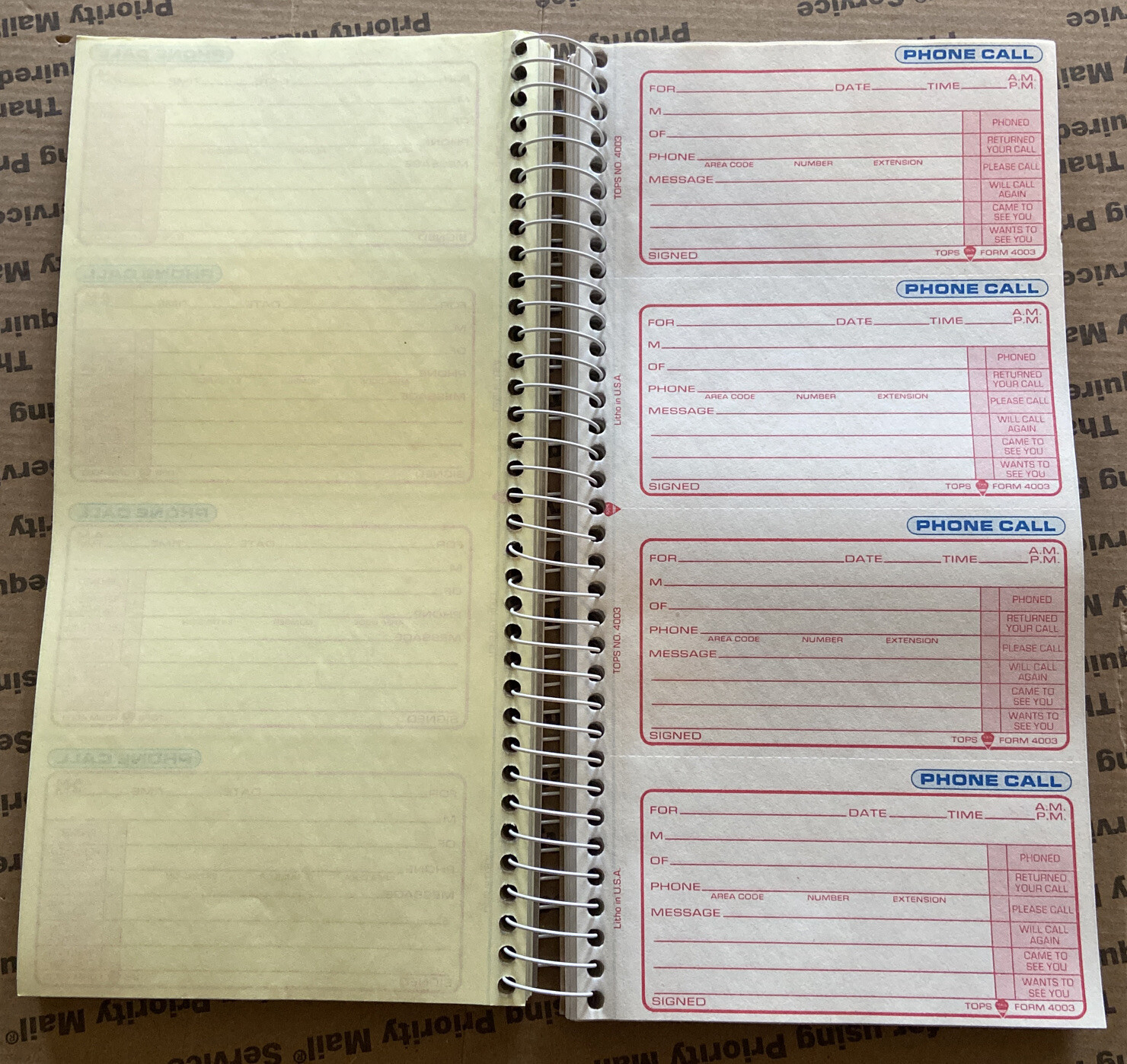 Tops 4003 Phone Message Book 400 Duplicate Carbonless Forms Free Shipping
