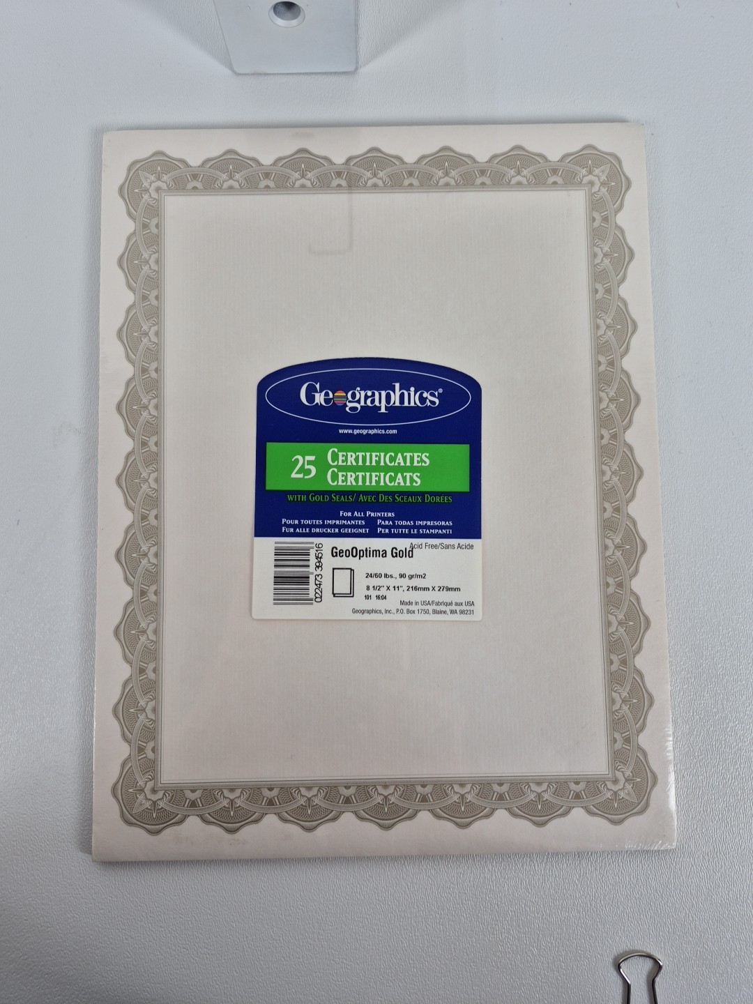 Geographics Acid Free Certificates 8-1/2 x 11 Optima Gold Border 25/Pack