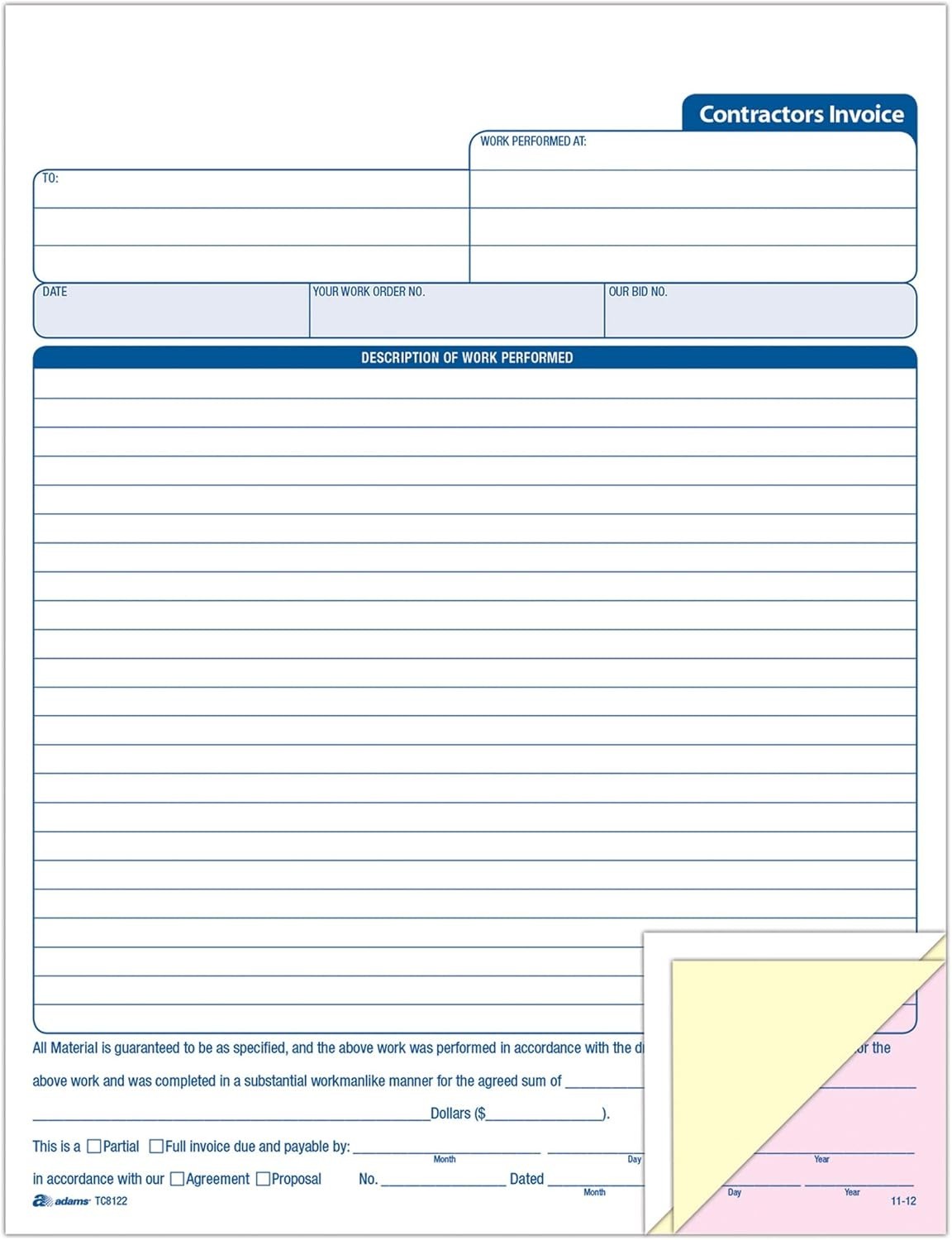Contractor’s Invoice Book with Large Description Area – 3-Part Carbonless Forms