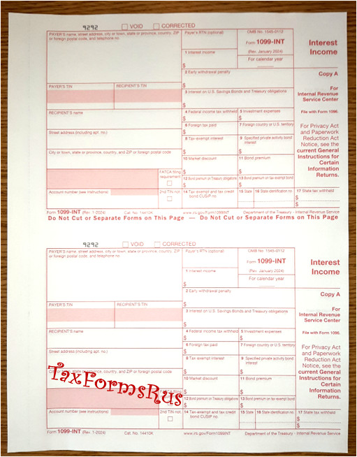 2024 IRS Tax Form 1099-INT single sheet set for 2 recipients NON-carbonless 4-pt